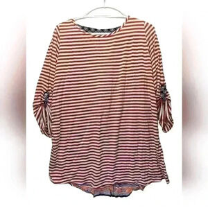 Red White Blue Tunic Top Stripe Circle Patterns Size L Roll Tab Sleeves *Read*
